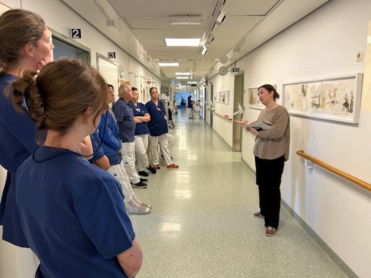 Ylva visar konst för personal på geriatrisk avdelning.