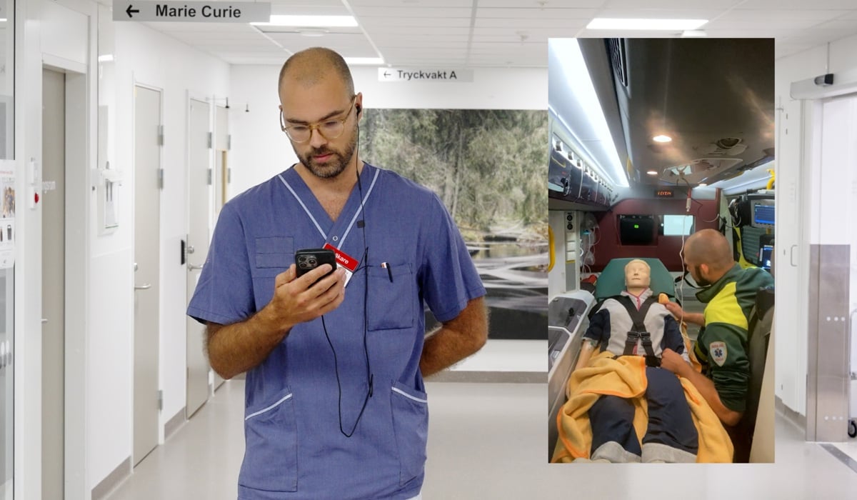 En läkare pratar med en ambulanssjukvårdare på videolänk.