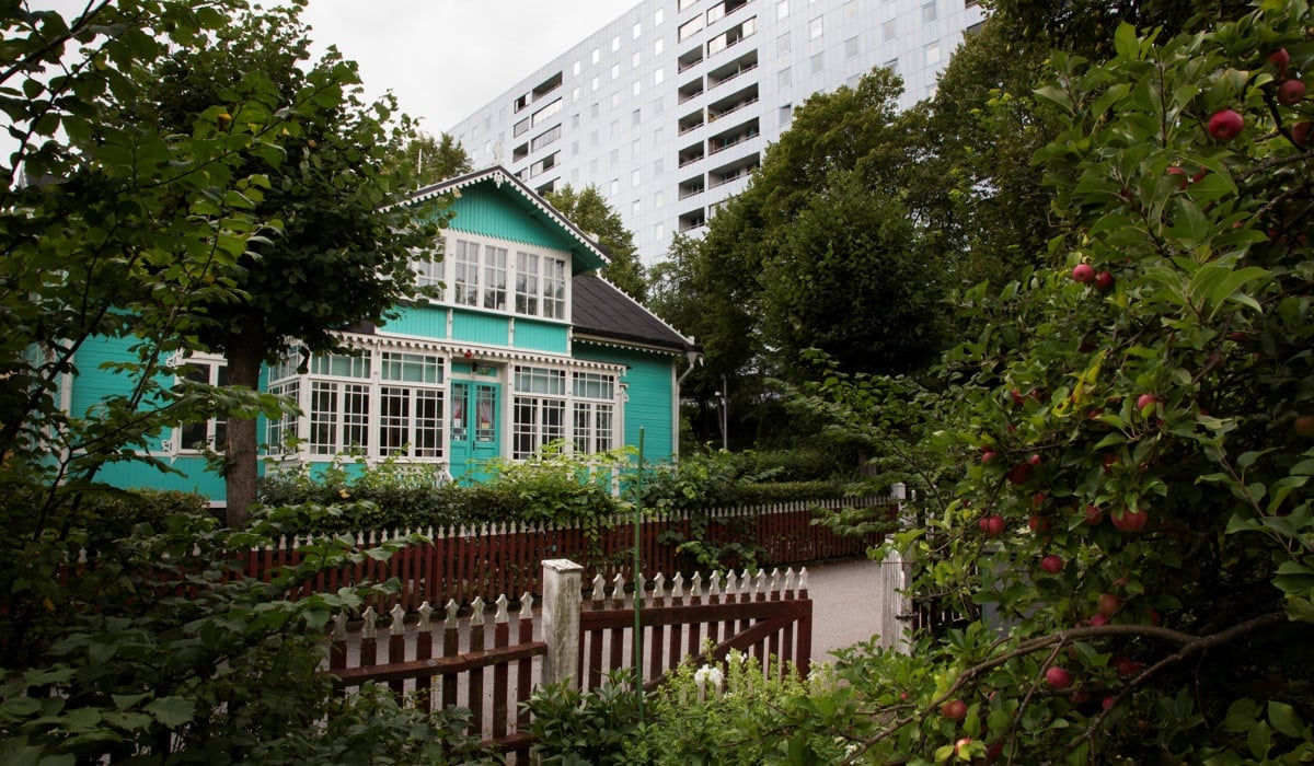 En gammal trävilla i en prunkande trädgård i bakgrunden syns höghus.