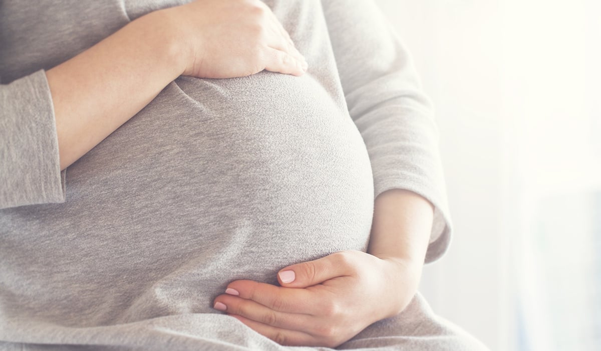 En gravid kvinna som håller sin mage i sina händer.